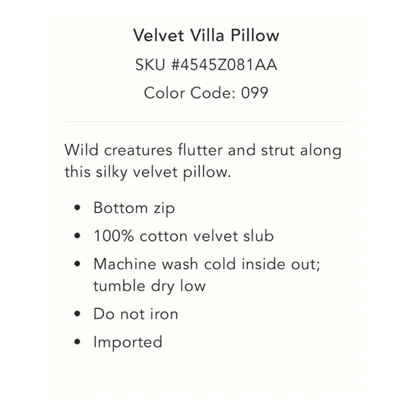 NWOT Anthropologie Velvet Flutter & Strut Bird Pillow In Dark Turquoise12x27